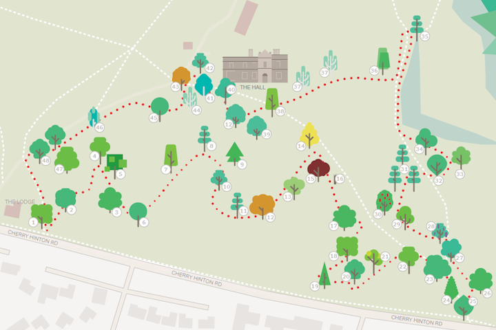Map of Cherry Hinton Hall tree trail