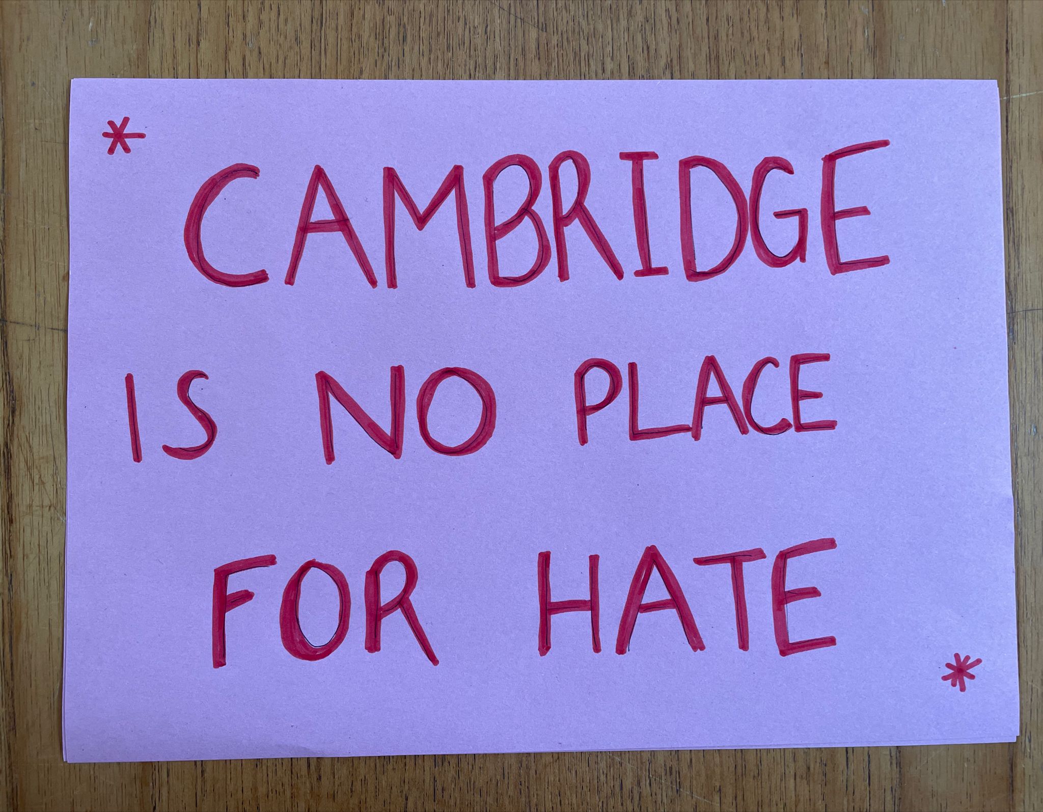 Poster which reads 'Cambridge is no place for hate'