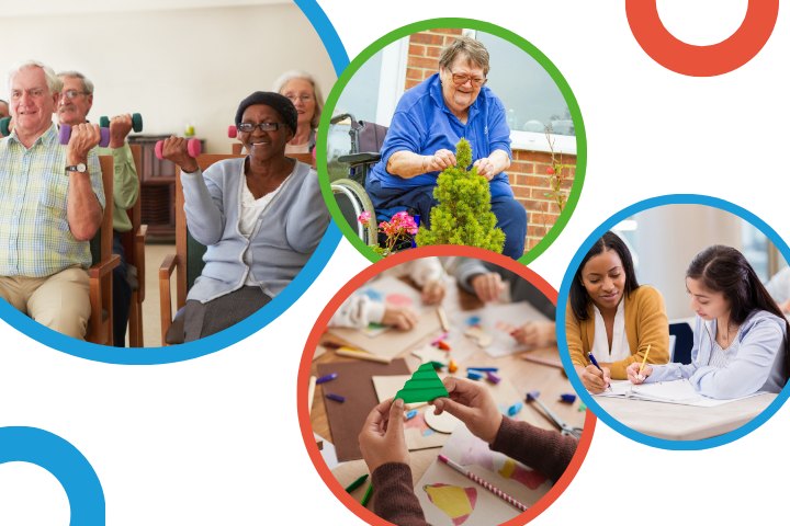 Groups of people participating in activities that include crafts, exercise, gardening and writing