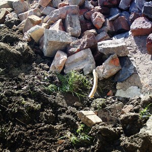 Building rubble, soil and bricks