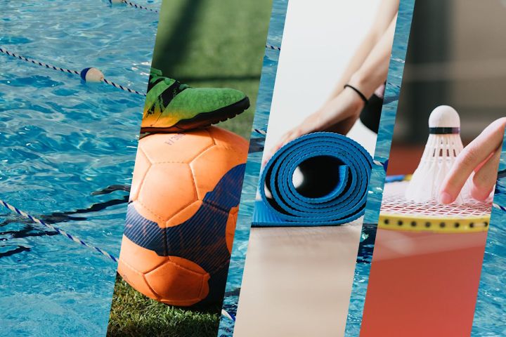 A football, yoga mat and shuttlecock superimposed over a swimming pool.
