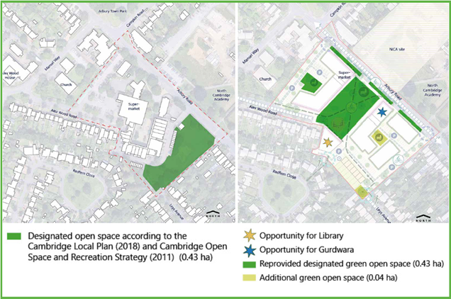 Map showing current green space alongside new locations of park and play areas at Arbury Court
